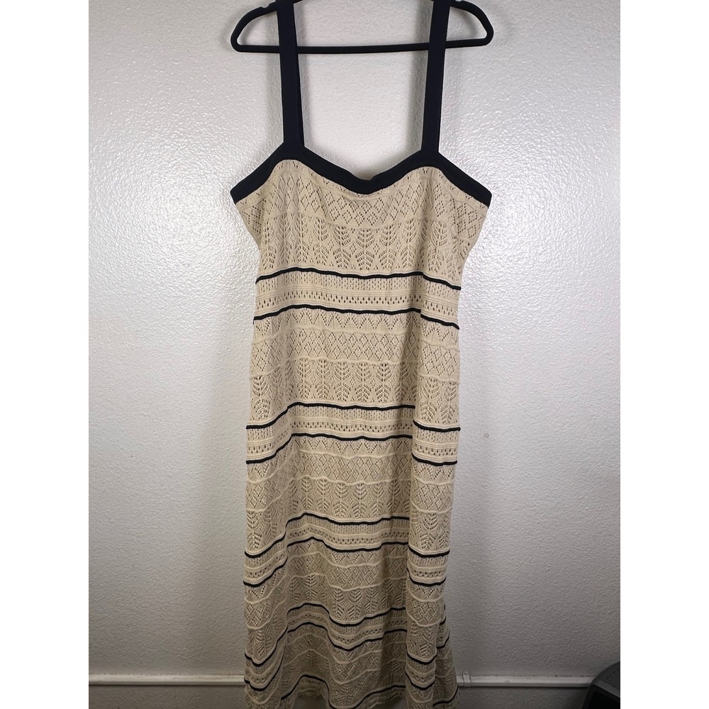 Pointelle Knit Midi Dress Cream Black Striped Sleeveless Lined Crochet Style